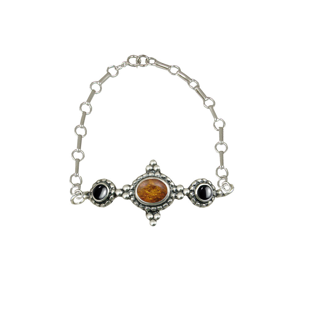 Sterling Silver Gemstone Adjustable Chain Bracelet With Amber And Hematite